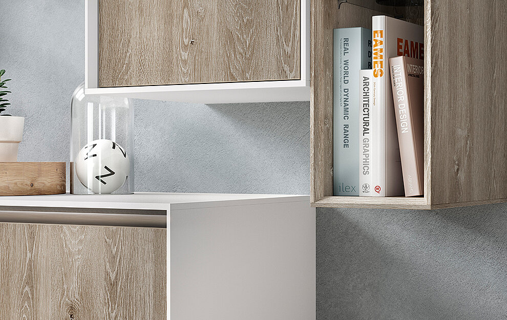 Moderne minimalistische Regale mit Büchern über Architektur und Design, mit einer dekorativen Pflanze und Uhr, an einer grauen strukturierten Wand.