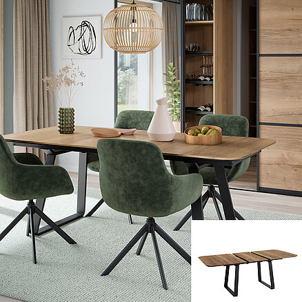 Modern dining room with a wooden table, green velvet chairs, and a stylish hanging lamp, complemented by a cozy light blue rug and shelving decor.