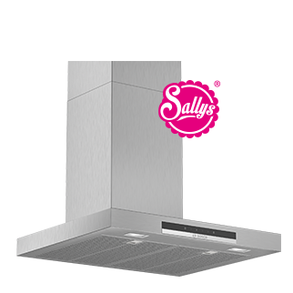 Roestvrijstalen keukenafzuigkap met een strak modern ontwerp, met het logo van het merk Sally's, wat wijst op een combinatie van stijl en functionaliteit voor thuiskeukens.