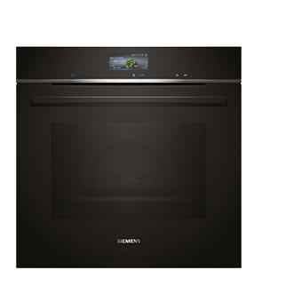 Moderne Siemens inbouwoven met een strak zwart ontwerp, digitaal display en aanraakbediening voor een verfijnde en functionele toevoeging aan elke keuken.