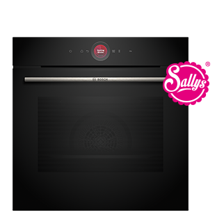 Moderne zwarte inbouwoven met roestvrijstalen handvat met een digitaal display, voorzien van het logo van "Sally's" en een roze promotiebadge.