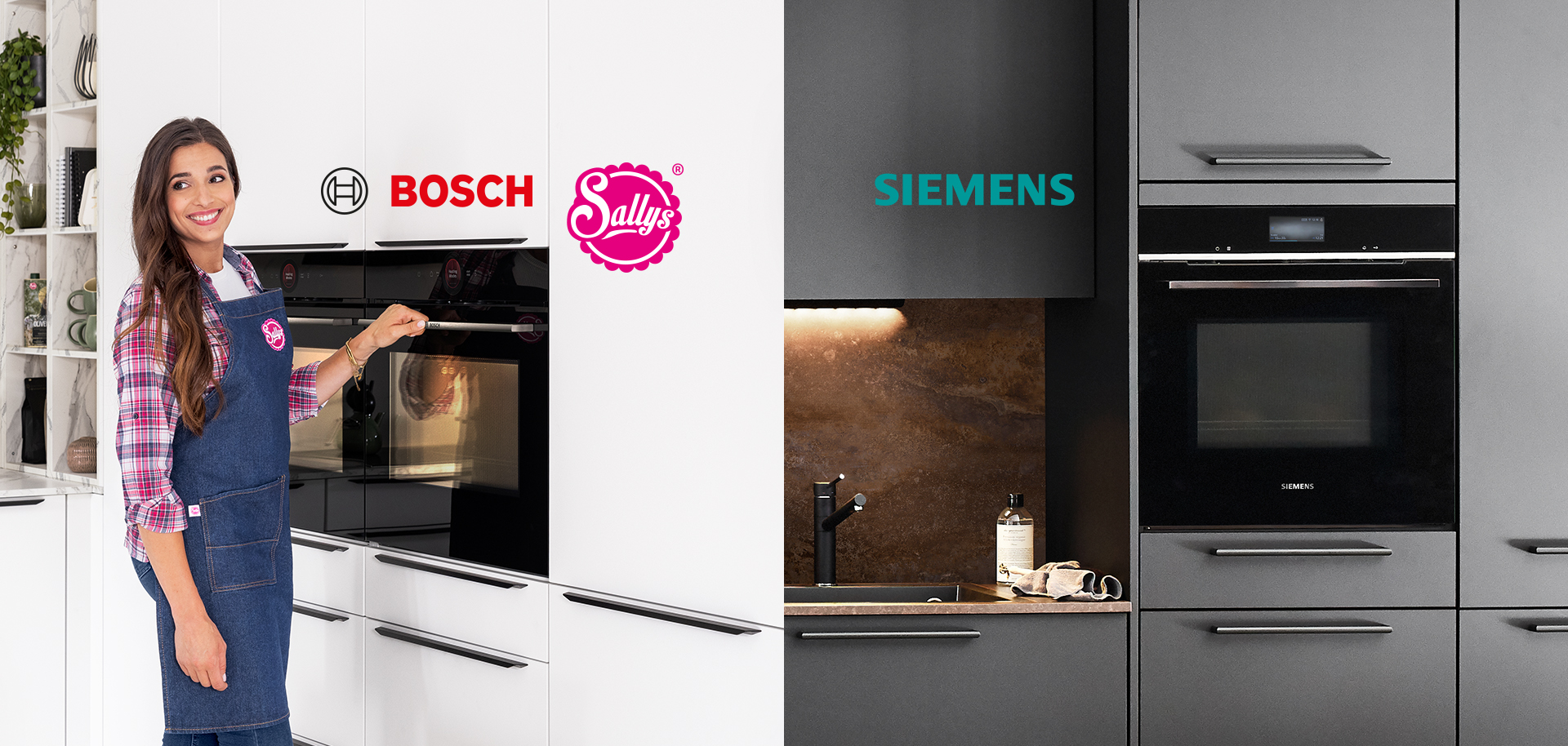 Een glimlachende persoon met een schort presenteert een Bosch oven, terwijl aan de andere kant een moderne Siemens keuken met strakke apparaten wordt getoond.