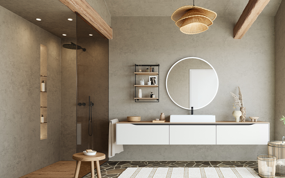 Modern bathroom interior with rustic elements, featuring a walk-in shower, floating vanity, round mirror, and natural texture accents.