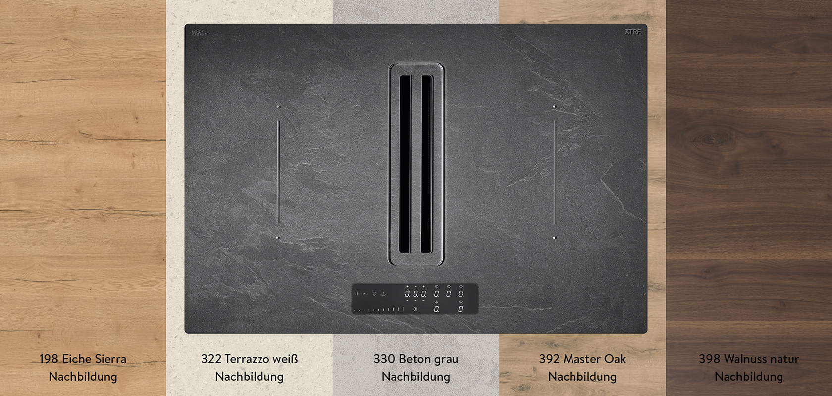 Table de cuisson à induction moderne avec un design élégant, intégrée dans un comptoir en pierre sombre, mettant en valeur des commandes tactiles et une zone de cuisson double.
