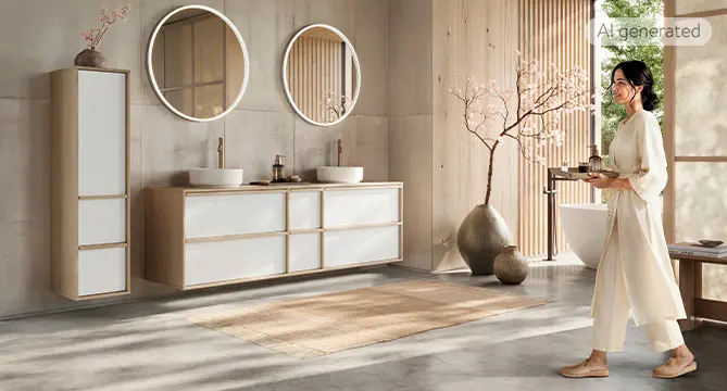 Elegantní moderní koupelna s elegantním dvojitým umyvadlem a usmívající se ženou v bílém županu, která podtrhuje klidnou a luxusní atmosféru.