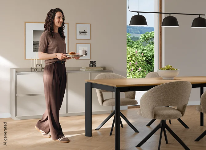 CADRA Sideboard im Wohnzimmer mit gerahmten Fronten, Esstisch und Frau mit Serviertablett