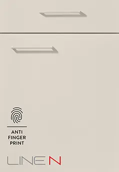 Küchenfront SENSO 489 in Sand mit matter Lackoberfläche, Griffen und Anti-Fingerprint-Symbol