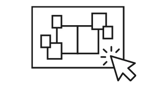 Icon mit Moodboard und Klickpfeil, das den ersten Schritt "Vorlage auswählen" im Moodboard-Tool zur Auswahl verschiedener Farbstile zeigt.