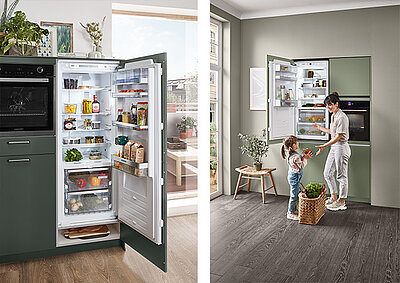 nobilia Einbau-Kühlschrank mit Gefrierfach in moderner Küchenzeile – Kühl- und Gefriergeräte mit optimaler Innenaufteilung, energiesparend und ergonomisch auf Augenhöhe integriert.