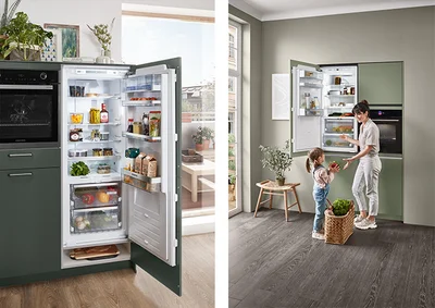 [Translate to pl:] nobilia Einbau-Kühlschrank mit Gefrierfach in moderner Küchenzeile – Kühl- und Gefriergeräte mit optimaler Innenaufteilung, energiesparend und ergonomisch auf Augenhöhe integriert.