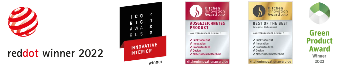 Wyróżnienia prezentujące zwycięzców Red Dot, Innowacji Kuchni oraz Produktu Zielonego za wyjątkowy design i innowację w banerze na stronie internetowej.