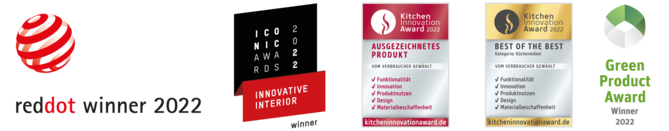 Awards showcase highlighting Red Dot Winner, Kitchen Innovation, and Green Product awards for exceptional design and innovation in a website banner.