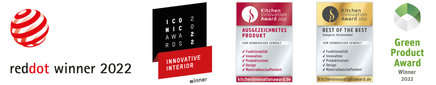 Awards showcase highlighting Red Dot Winner, Kitchen Innovation, and Green Product awards for exceptional design and innovation in a website banner.