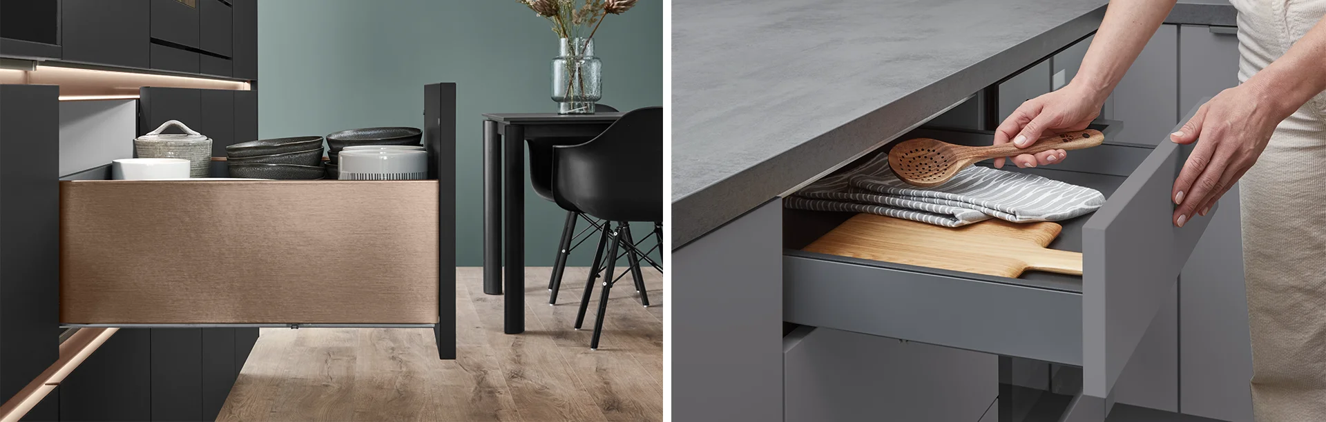 Zwei Stauraumlösungen in der Küche mit nBOX Auszügen: elegant in Bronze und praktisch mit Innenschubkasten.