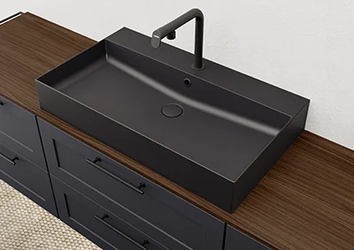 Black countertop washbasin in a clear, modern design.