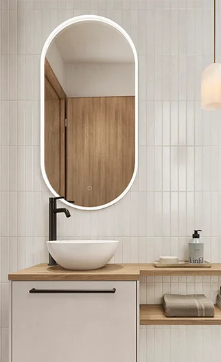 Oval mirror with all-round LED lighting - minimalist and elegant. Ideal for modern bathroom designs.