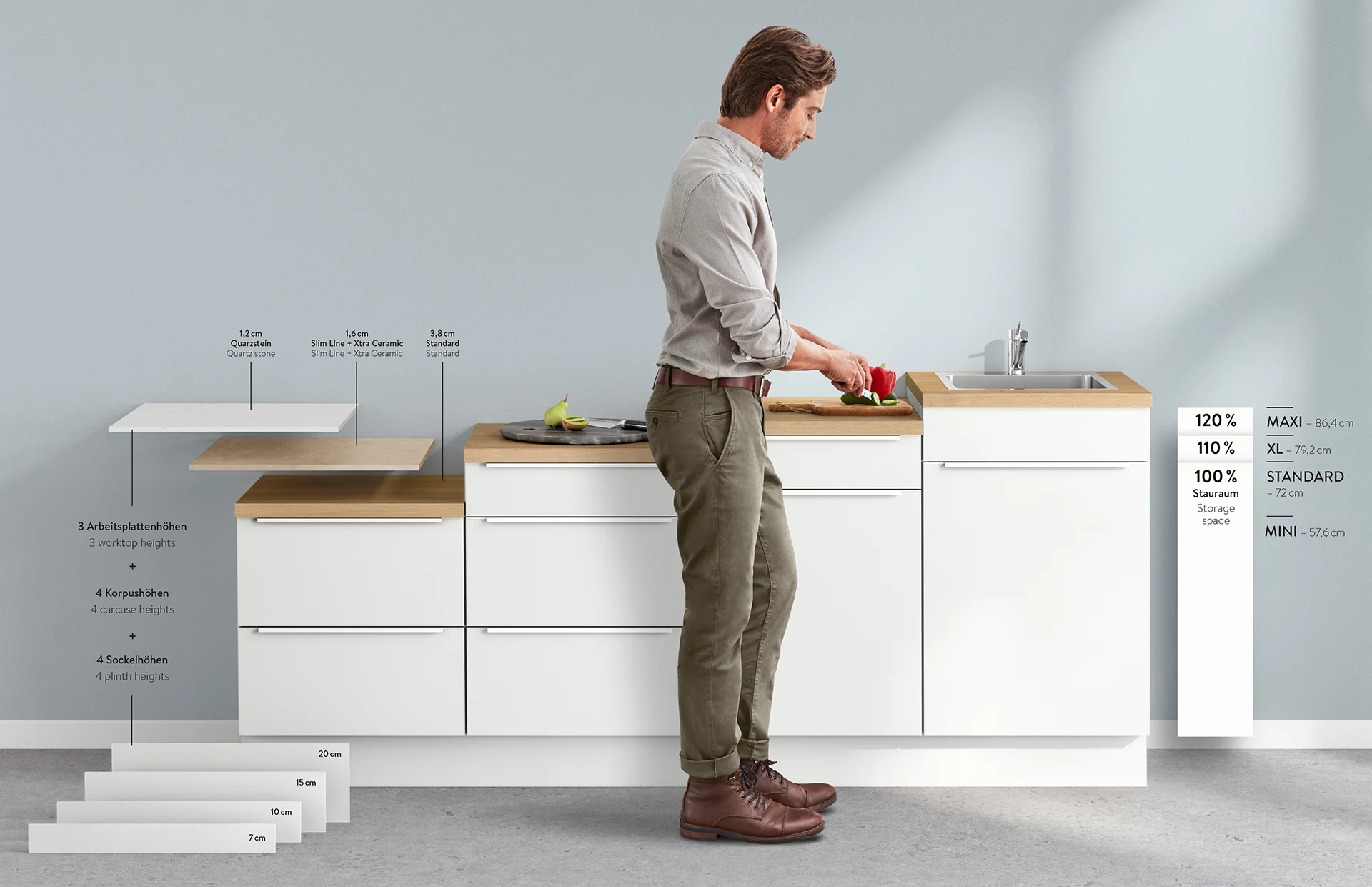 Flexibel hoogtesysteem in een nobilia keuken voor ergonomische keukenorganisatie en optimaal gebruik van opbergruimte.