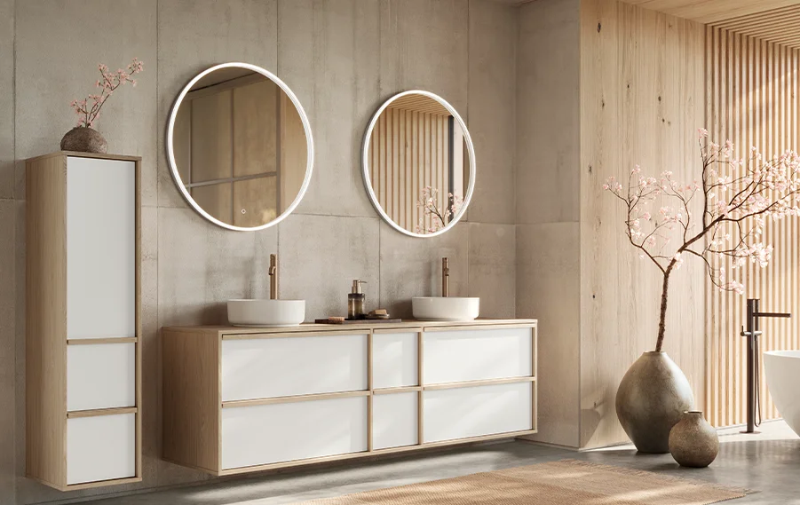 Sakura meubles de salle de bains dans le style Japandi - des lignes claires, des matériaux naturels & un espace de rangement élégant pour une salle de bains moderne.