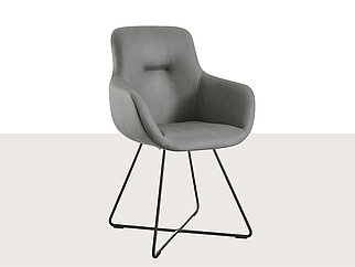 Modern grey upholstered chair with a comfortable curved back, armrests, and sleek black metal legs, perfect for contemporary home or office spaces.