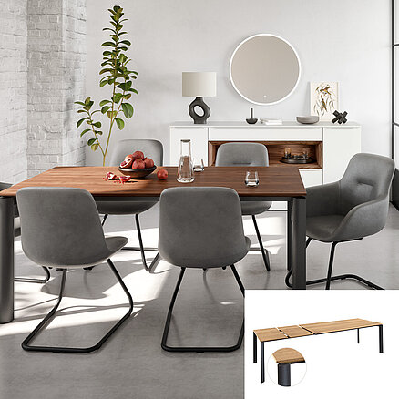 Współczesna jadalnia z drewnianym stołem, szarymi krzesłami i minimalistycznymi białymi szafkami, podkreślająca czysty i nowoczesny wygląd.