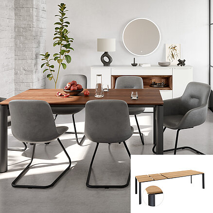 Contemporary dining room with a wooden table, grey chairs, and minimalist white cabinetry, highlighting a clean and modern aesthetic.