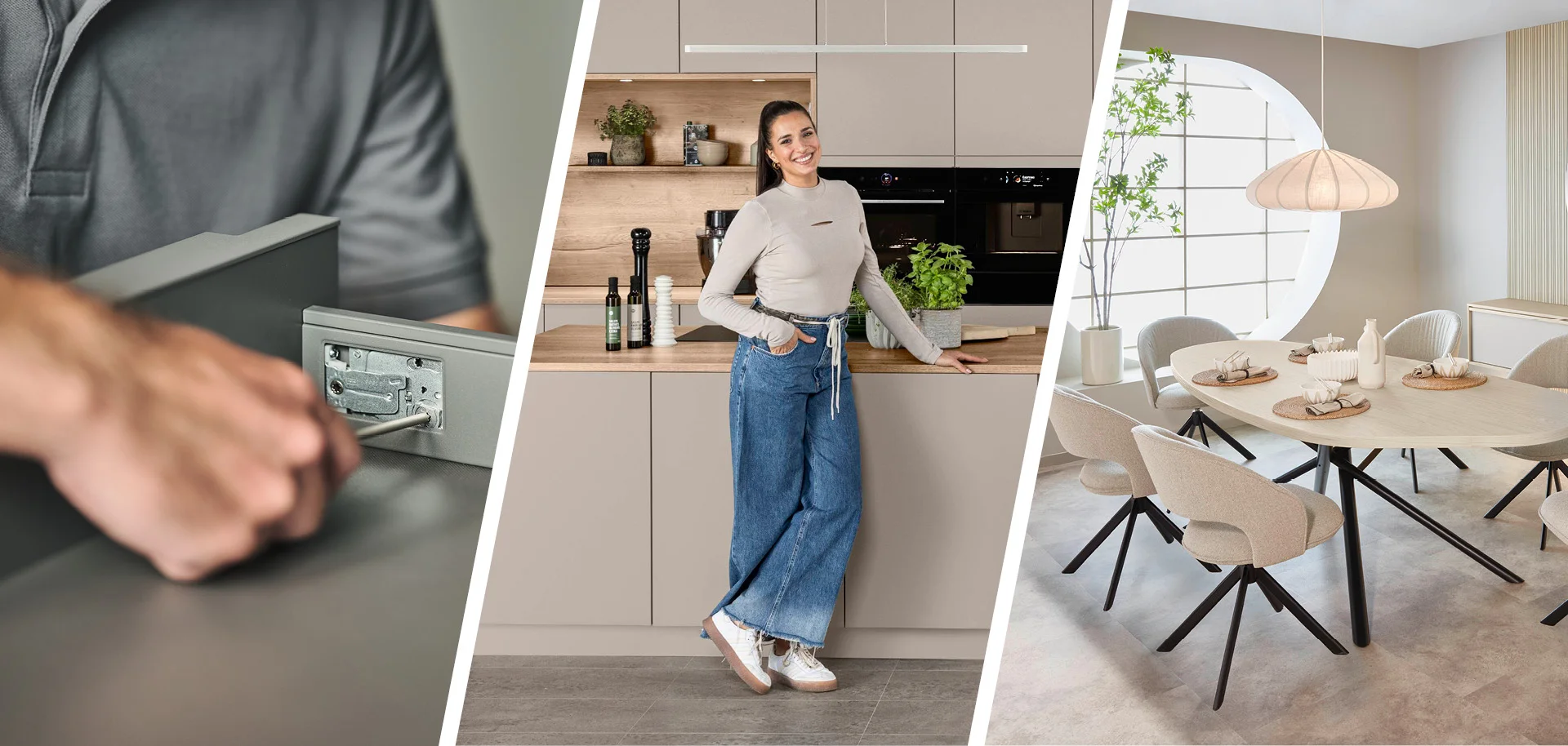 Montage einer Schublade, Sallys Welt lehnt an einer beigen modernen Küche, beige Sitzgruppe mit Tisch aus der Designlinie Sakura