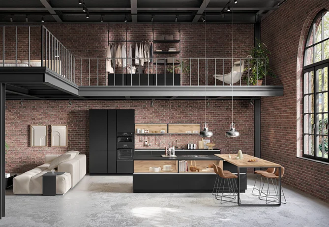 Moderne Loft-Küche mit Insel, Senso 496 in Schwarz mit Antifingerprint Oberfläche und Essplatz.