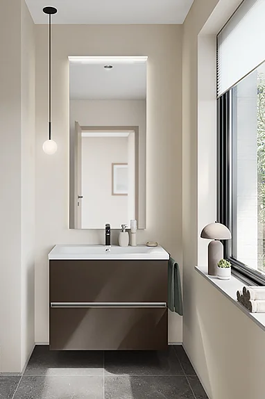 Washbasin with central recessed grip, minimalist and modern for small bathrooms.
