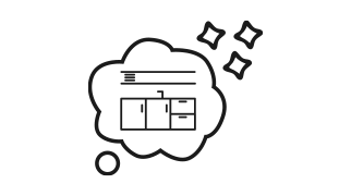 Icon mit Gedankenwolke und funkelnden Sternen, in der eine Collage bzw. ein Moodboard zu sehen ist, das Schritt 3 „Inspirieren lassen“ zur Traumküchen Planung symbolisiert.