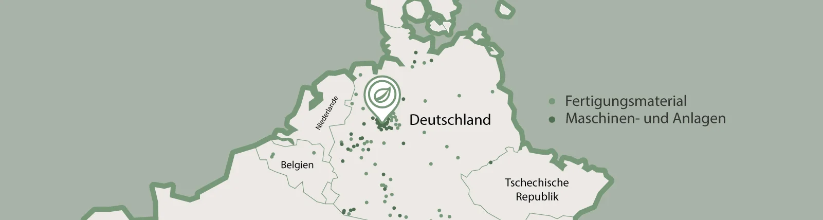 Interaktive Karte, die wichtige Industrieregionen für die Herstellung von Materialien und Maschinen in Deutschland hervorhebt, mit leicht lesbaren Symbolen und Beschriftungen für eine benutzerfreundliche Navigation.