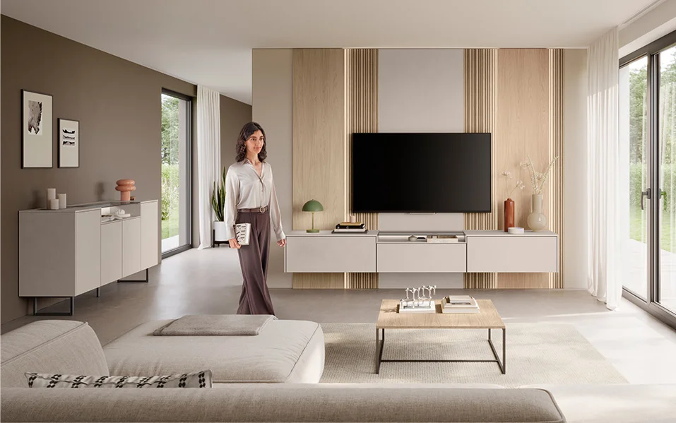 Moderní design bydlení strukturovaný do písku: Přední strana Look 604 vytváří stylovou atmosféru díky teplým barvám a jasným liniím.