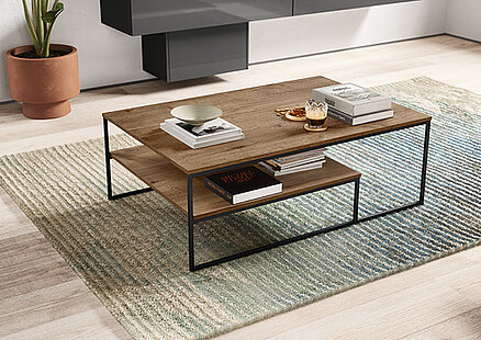 Modern living room featuring a wooden coffee table with metal legs, books, snacks, and a potted plant, accentuated by a textured rug.