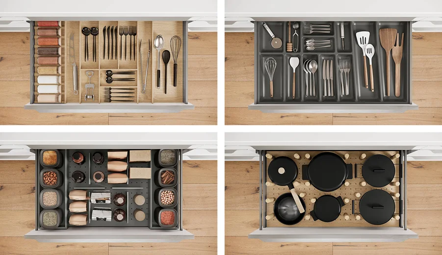 Flexible Einsätze in Holz und Kunststoff schaffen Übersicht und Stauraum für Gewürze, Besteck, Vorräte und Töpfe.