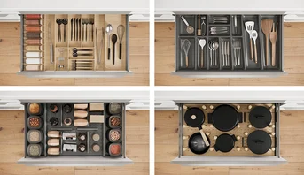 Flexible Einsätze in Holz und Kunststoff schaffen Übersicht und Stauraum für Gewürze, Besteck, Vorräte und Töpfe.