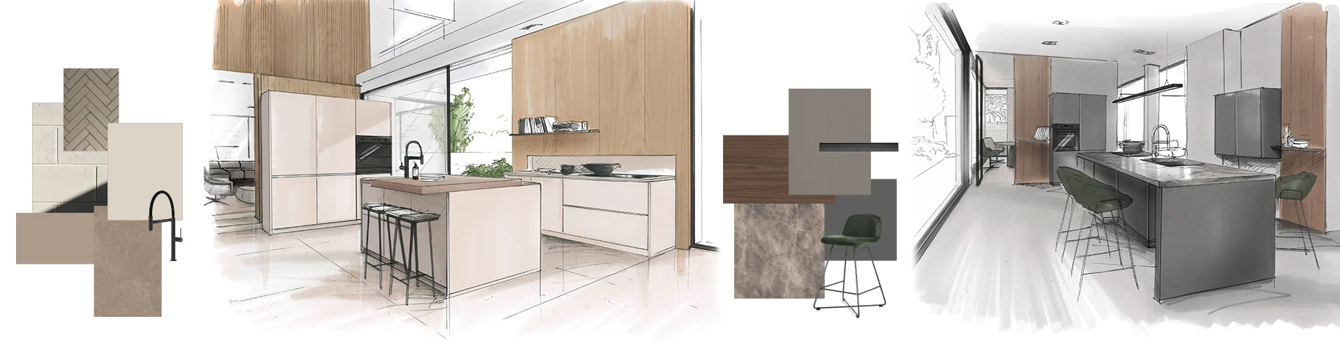 Entdecken Sie gezeichnete Küchenplanungen im modernen Stil mit klaren Linien, warmen Materialien und inspirierenden Ideen für Ihre neue Traumküche.