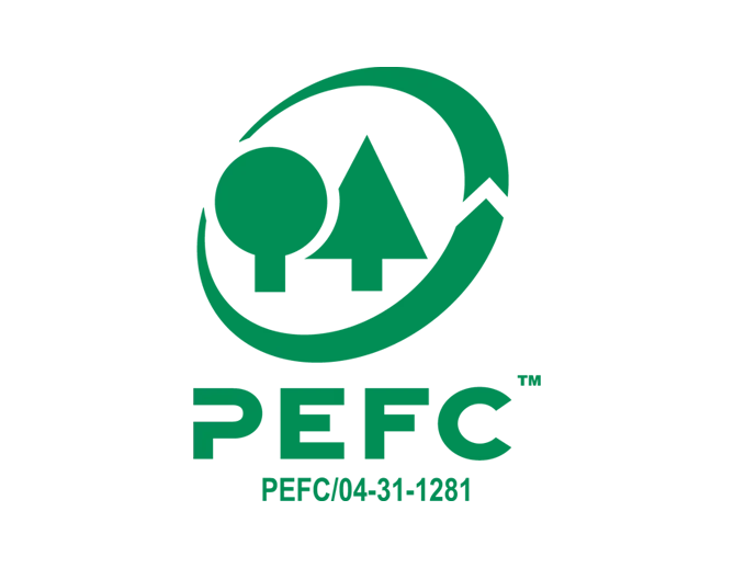 Eenvoudig groen verticaal rechthoekig grafisch logo van het PEFC-handelsmerk, met twee eenvoudige bomen en de voettekst PEFC/04-31-1281.