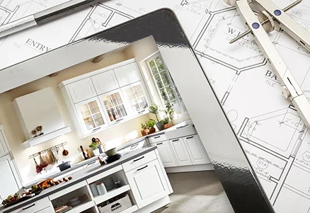 Elegant white kitchen design is highlighted beside architectural blueprints, symbolizing the planning and execution phases of home interior projects.