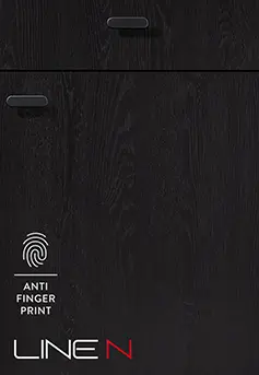 Küchenfront STRUCTURA 419 in Eiche Nero Nachbildung mit dunkler Holzstruktur, Griffen und Anti-Fingerprint-Symbol