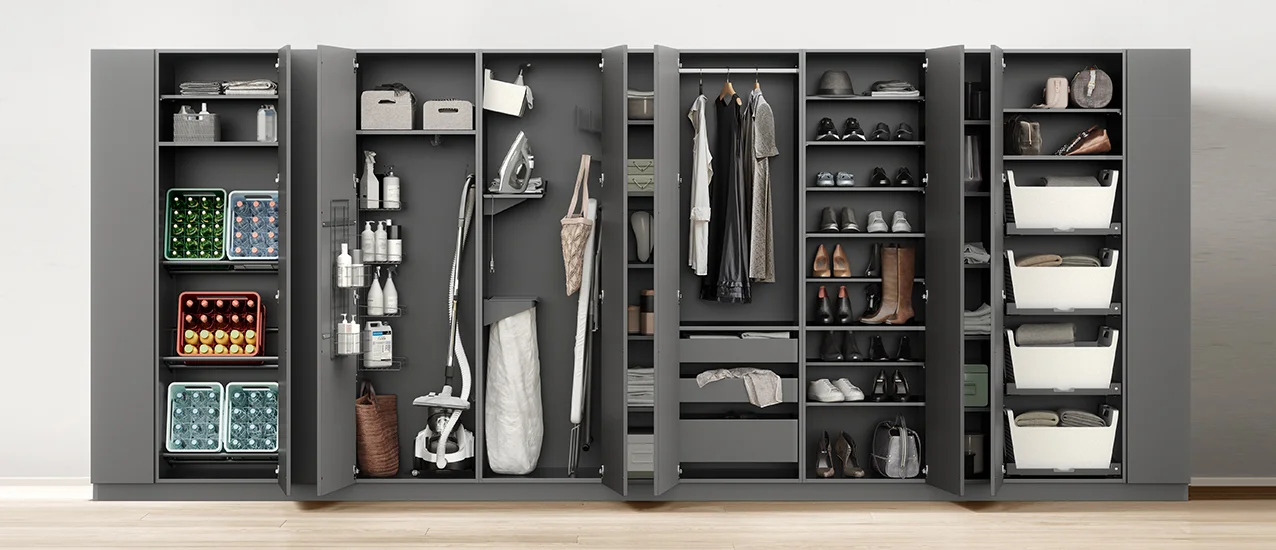 Veelzijdige kastoplossing voor voorraad, kleding, apparaten en meer. Flexibele organisatie voor elke woonruimte.