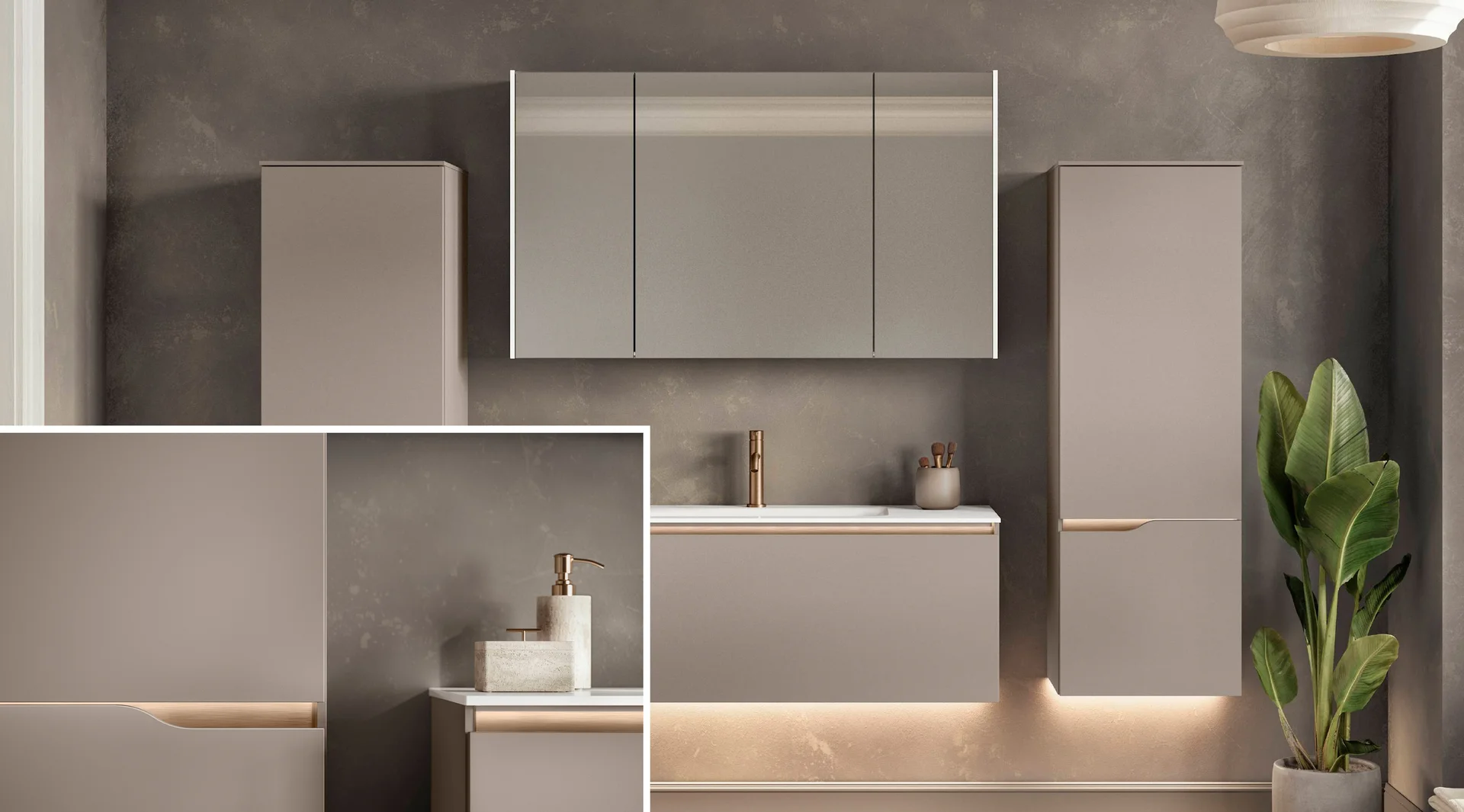 Badmöbel mit beleuchteter Griffmulde, Spiegelschrank mit Lichtleiste und indirekter Beleuchtung.