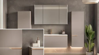 Badmöbel mit beleuchteter Griffmulde, Spiegelschrank mit Lichtleiste und indirekter Beleuchtung.