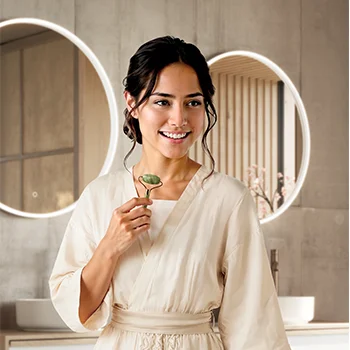 Japandi style bathroom with round mirror lighting & natural accents - modern design for feel-good moments.