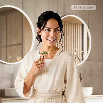 Japandi style bathroom with round mirror lighting & natural accents - modern design for feel-good moments.