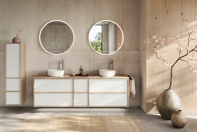 Bathroom furniture in Japandi style with a natural wood structure and elegant lines.