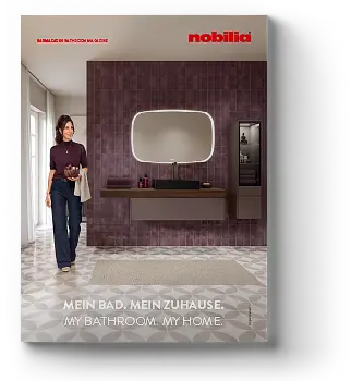 A stylish bathroom setting is featured on a magazine cover with a woman reflecting on her interior choices, representing modern home design inspiration.