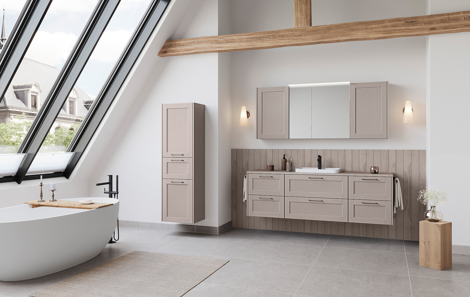 Bathroom with FRAME 619 in Macchiato lacquered laminate - harmonious country house design with plenty of storage space.
