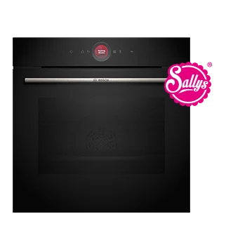 Horno empotrado negro moderno con mango de acero inoxidable que cuenta con una pantalla digital, con el logotipo de "Sally's" y una insignia promocional rosa.