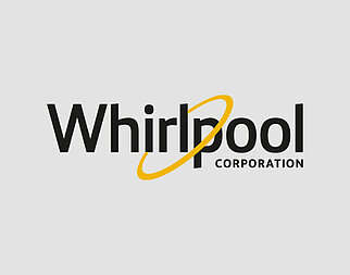 Logo de Whirlpool Corporation présentant un texte stylisé en noir avec un tourbillon jaune dynamique au-dessus de la lettre "i", symbolisant le mouvement et l'innovation.
