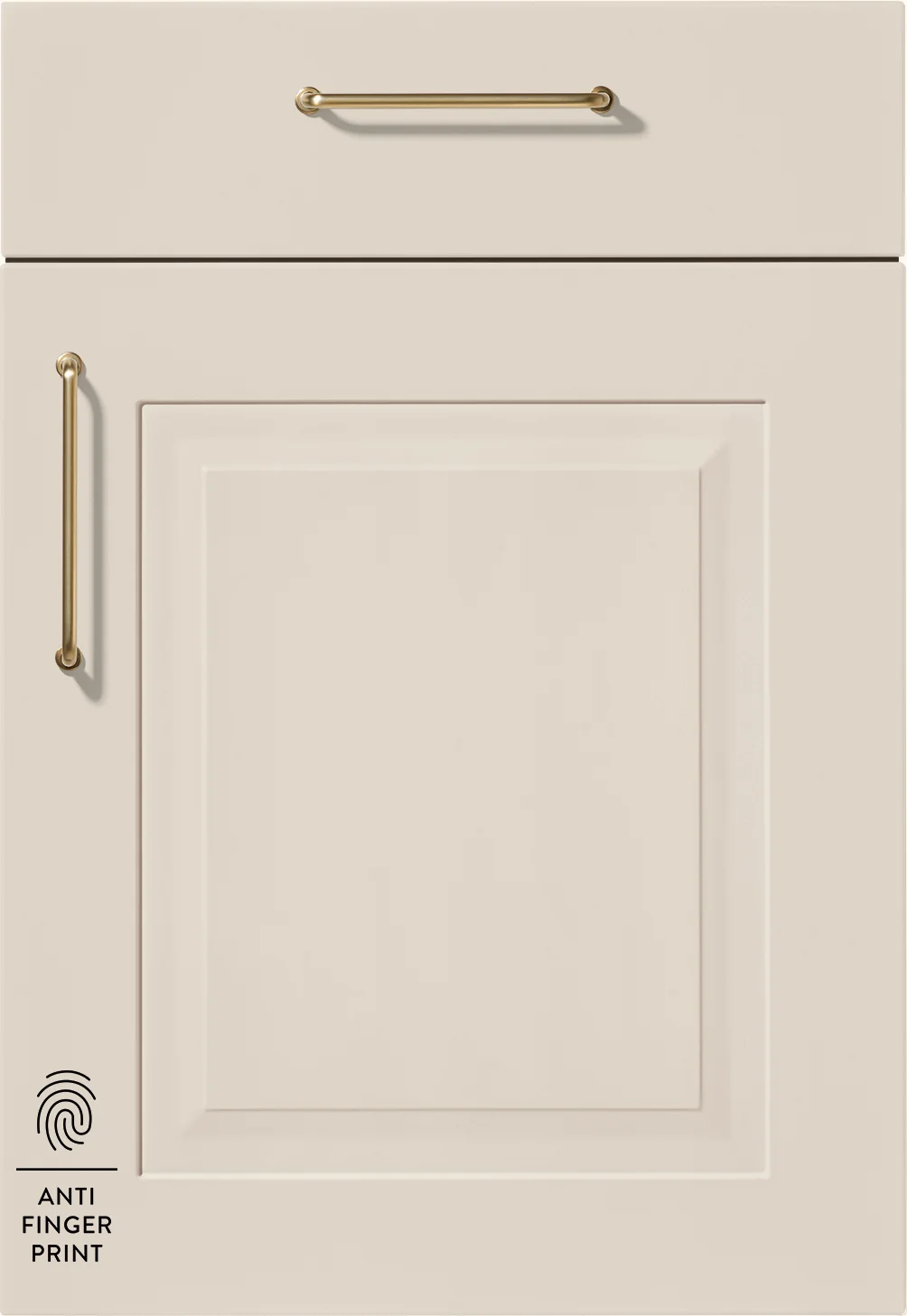 Klassische Rahmenfront in Sand mit Anti-Fingerprint-Lack - Landhausstil modern interpretiert.