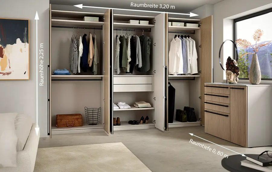 Schlafzimmer mit Kleiderschrank und Maßen für die Kleiderschrankplanung.